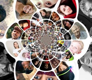 Portraits of people of many cultures and ages are arranged in a circular pattern that seems to retreat into the distance, with the photos in the centre getting smaller and smaller. 