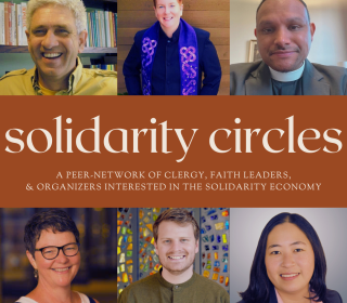 A banner in the middle says "Solidarity Circles", surrounded by a diverse mosaic of clergy and others.