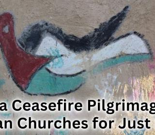 A dove with the words Gaza Ceasefire Pilgrimage, Canadian Churches for Just Peace
