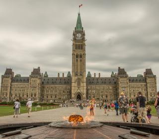 A view of the House of Commons, including the Centre Block and Centennial Flame.