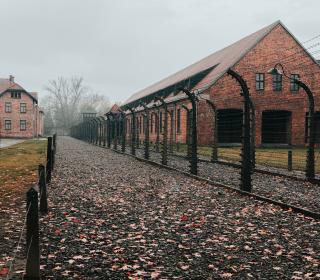A photo of the brick buildings of Auschwitz concentration camp in Poland, surrounded by high barbed wire fencing.