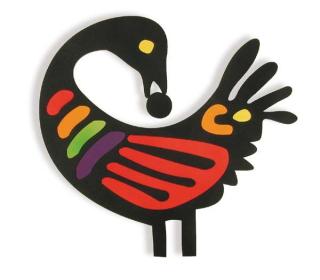 The Sankofa bird, a West African symbol of a bird with a long neck, turning its head to look back. This version is brilliantly multicoloured - red, yellow, black, and orange..