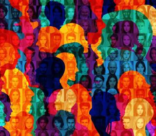 An abstract collage of photos of people's faces overlaid with silhouettes of heads in many colours.