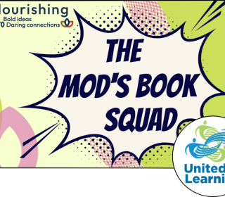 The words The Mod's Book Squad against a backdrop that looks like a comic book. 