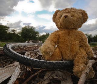 A discarded orange teddy bear sits atop an old bicycle tire and other garbage in a dump.