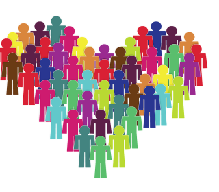 A heart shaped illustration with human figures of all different colours.
