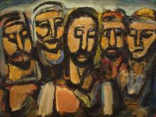 A expressionist style painting with broad colourful brush strokes show a depiction of Jesus Christ surrounded by the Apostles.