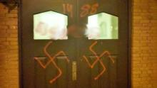 Racist graffiti spraypainted on Parkdale United Church in Ottawa, including swastikas.