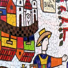 A detail of a colourful El Salvadoran tile mosaic.