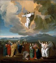 A traditional religious painting from 1775 shows Jesus ascending to heaven, leaving the astonished disciples and two assuring angels on the ground below.