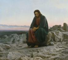 A 19th century painting showing a dejected and downcast Jesus, sitting alone on a rock in the desert wilderness.
