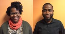 Portraits of two new Co-Workers in Mission, Emmanuela Loccident (left, a young Black woman) and Fritz Gerald-Joseph (right, a young Black man) smile as they begin their new mission assignment.