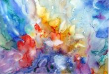 In an abstract watercolour, filled with brilliant floral colours, a white dove flies near a red heart shape.