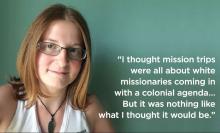 The image shows Sarah Jane Wetelainen, a young white woman with brownish red hair and glasses in a white shoulderless shirt, next to a quote from the article, "I thought mission trips were all about white missionaries coming in with a colonial agenda... "