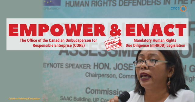 Human rights defender Cristina Palabay of KARAPATAN Alliance speaks out for those harmed by the overseas operations of companies in the Philippines. A woman holding a microphone below the words "empower and enact: the office of the Canadian Ombudsperson for Responsible Enterprise Mandatory Human Rights Due Diligence legislation."