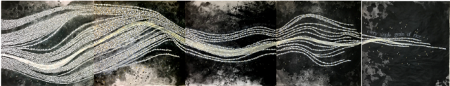 Drawing by Lillian Michiko Blakey of a wave of grains of rice