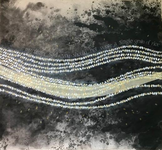 Detail of drawing by Lillian Michiko Blakey of a wave of grains of rice