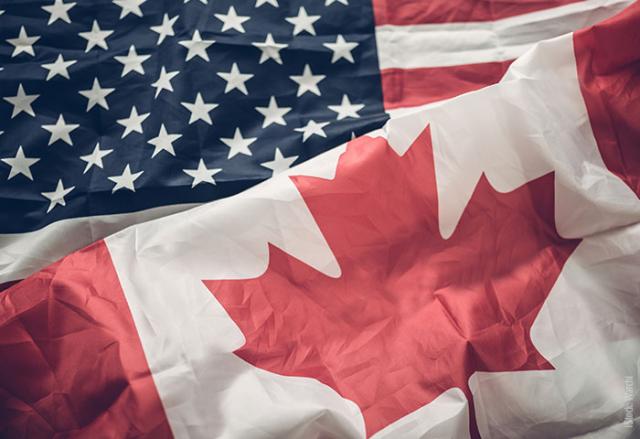 The flag of Canada and the flag of the United states