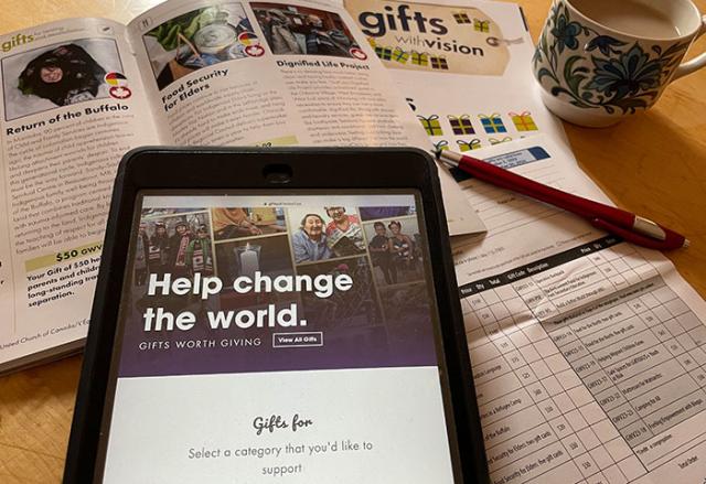 A tablet showing the gifts with vision website