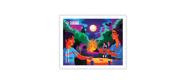 A stamp depicting a nighttime Indigenous ceremonial gathering in the woods.