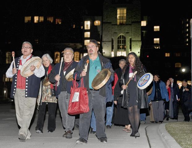 Musqueam drummers lead a ceremonial walk at the Vancouver Remembering the Children event, 2008. A Remembering the Children Aboriginal and Church Leaders tour
