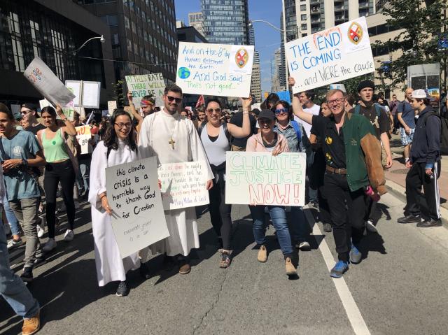 Aidan Legault (far right) with United Church members at the Global Climate Strike on September 27, 2019, in Toronto. Climate Strike