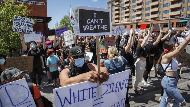 Protesters gather in solidarity with the George Floyd protests in Calgary, June 3, 2020. Antiracism protest, Calgary, June 2020