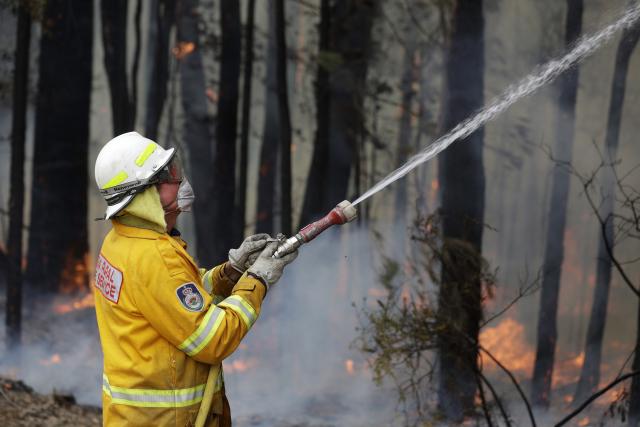 A firefighter manages a controlled burn near Tomerong, Australia on January 8, 2020. A firefighter wearing a mask, gloves, and helmet sprays water on burning trees.