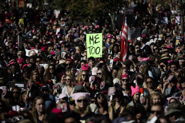 Protesters gather in Los Angeles for a Women's March against sexual violence. Photo of Los Angeles Women's March against sexual violence