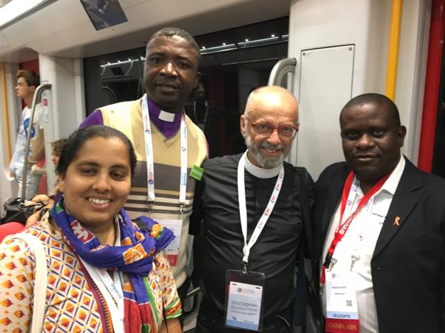 : Some of the chaplains at the 22nd International AIDS Conference: L-R Sr. Crina Cardozo, Goa; Pastor Solomon Warah, The Cameroon; Rev. Ralph Carl Wushke, Canada; and the Rev. Jacques Bolifo, DRC. Some of the chaplains at the 22nd International AIDS Conference.