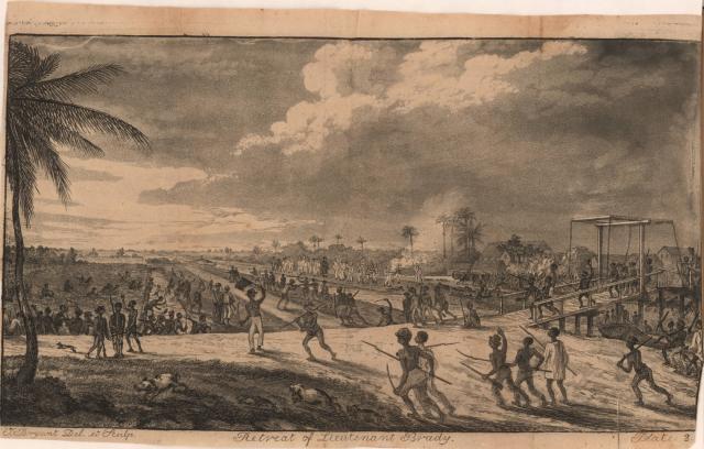 In this etching from the 1800s, a large group of rebelling slaves forces a British retreat during the revolt of Demerara (Guyana) in 1823 An etching from the 1800s which shows a battle in the Demerara revolt which slaves charging through a field of cane, causing the British to retreat.