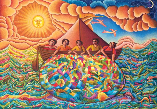 A brilliantly coloured work of art dipicting the disciples "great catch of fish" that nearly topples their small boat.