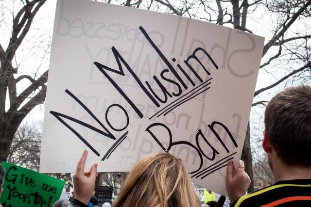 Sign from a Muslim ban protest, Washington, DC. Sign being held aloft: No Muslim Ban