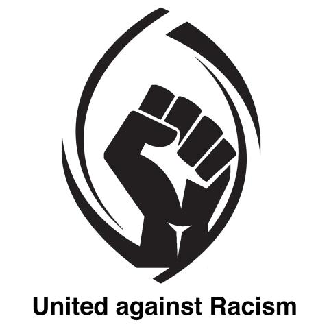 A raised fist inside the outline of the United Church crest. Text on image says "United against Racism."