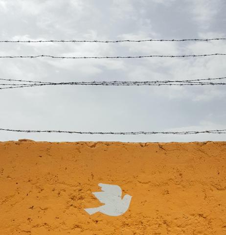 A wall painted with a dove topped by barbed wire against a cloudy sky.