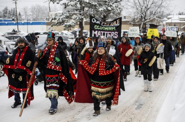 Wet’suwet’en Hereditary Chiefs from left, Rob Alfred, John Ridsdale, and Antoinette Austin, who oppose the Coastal Gaslink pipeline, take part in a rally in Smithers, BC, on January 10, 2020. Photo of Wet'suwet'en Hereditary Chiefs taking part in a rally in Smithers, BC, January, 2020